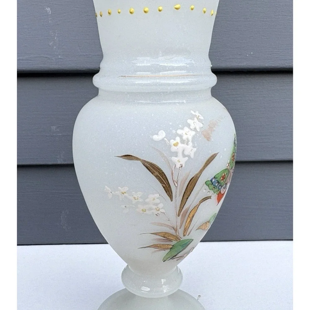 Antique Bristol opaline blown glass matched vases hand painted butterflies EVC